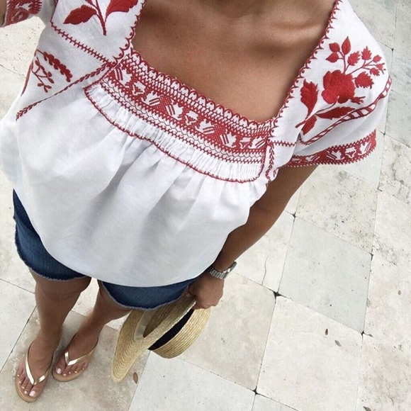 Madewell Tops - Madewell White Blouse with Red Embroidery